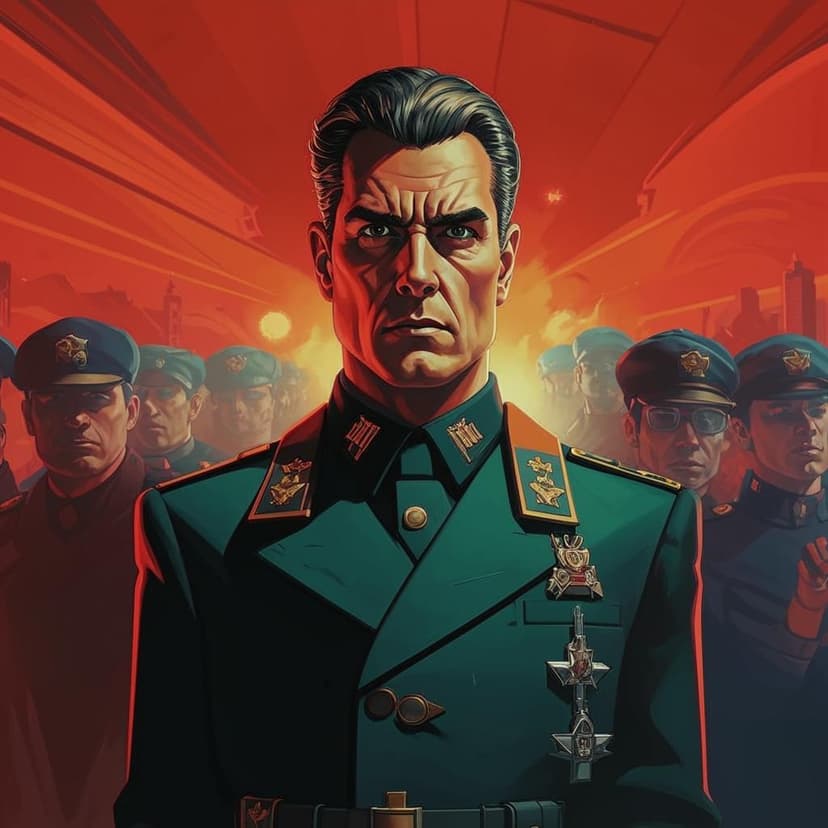 Classical propaganda portrait of an 80s futuristic tyrant leader looking at the camera as followers bow before them