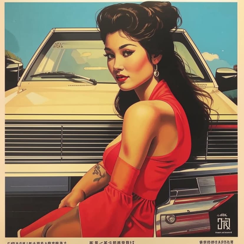 CHINESE Y2K POSTER OF BODYBUILDER FEMALE SITTING ON 1996 CHEVY IMPALA