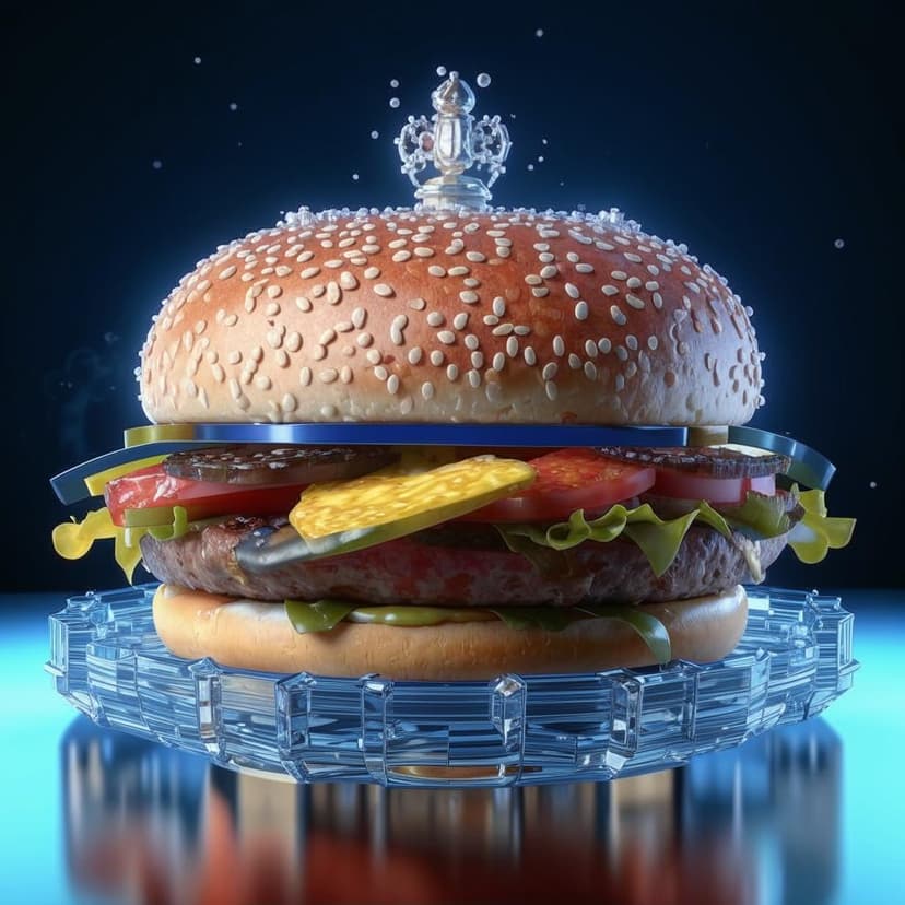 A gourmet hamburger crafted from intricate Renaissance-patterned glass
