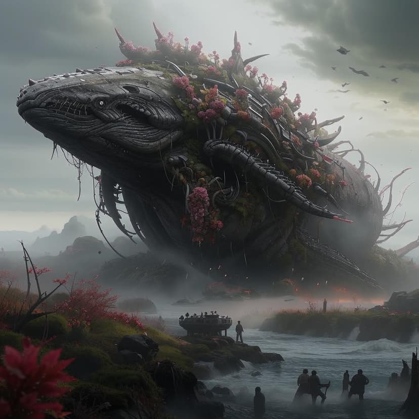 A towering whale entity rises with flowers from the depths of the murky battlefield