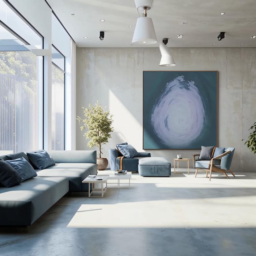 “A modern interior with white cement walls and textured microcement finishes