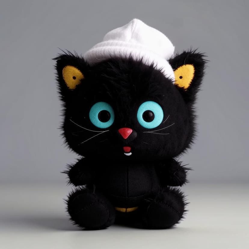A plush toy of a small black cat with an extremely cute and dazed expression on its face. The cat is wearing a white duck-shaped hat that wraps around its head. It’s a plush doll with a cute and dazed expression