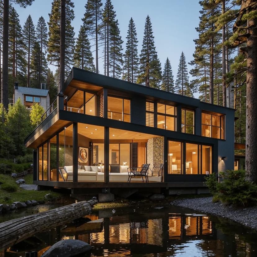 luxury modern forest cabin morning