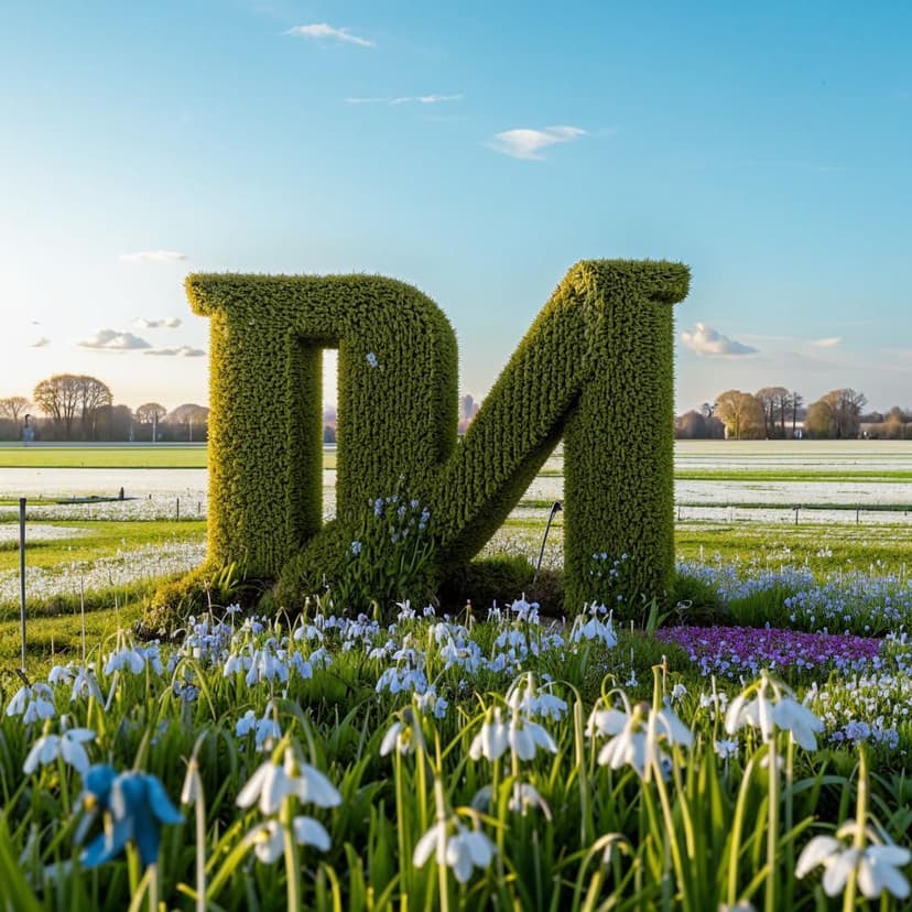 giant letters “N” and “L” made of made of grass and plenty blooming little snowdrops and wild colorful flowers are standing in the green field with blooming flowers