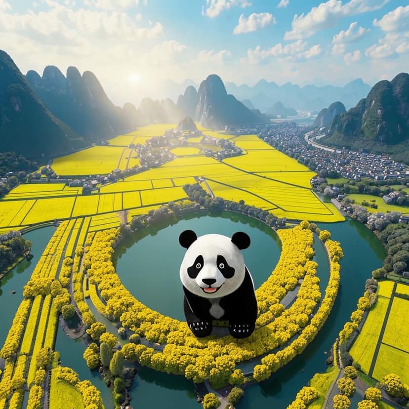 A breathtaking aerial view of a vast rapeseed flower field forming a giant