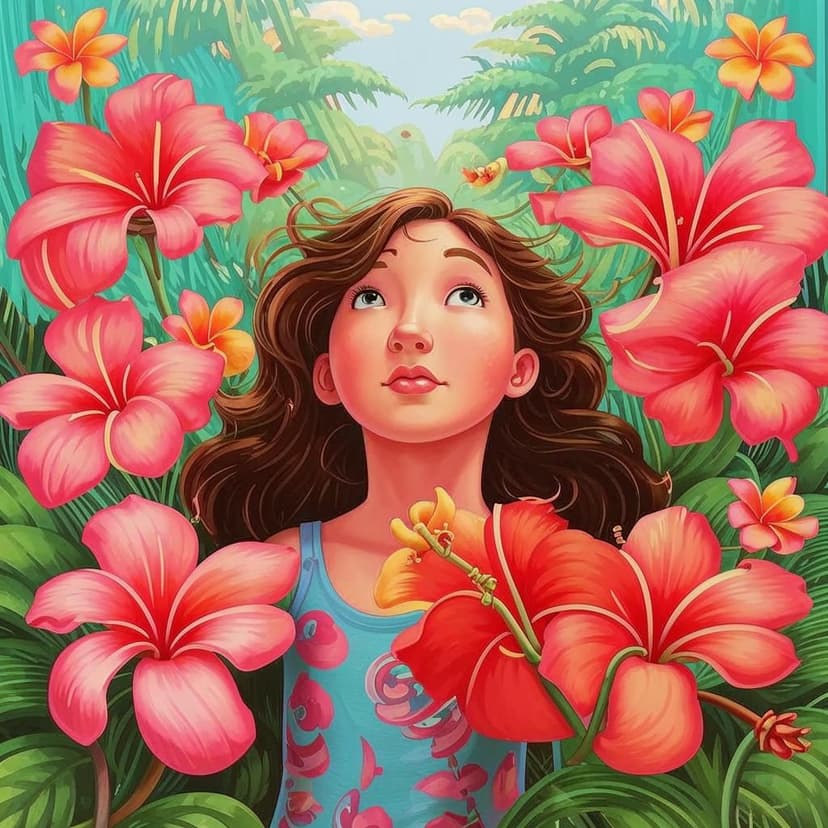 a little girl standing in a feild of plumaria flowers