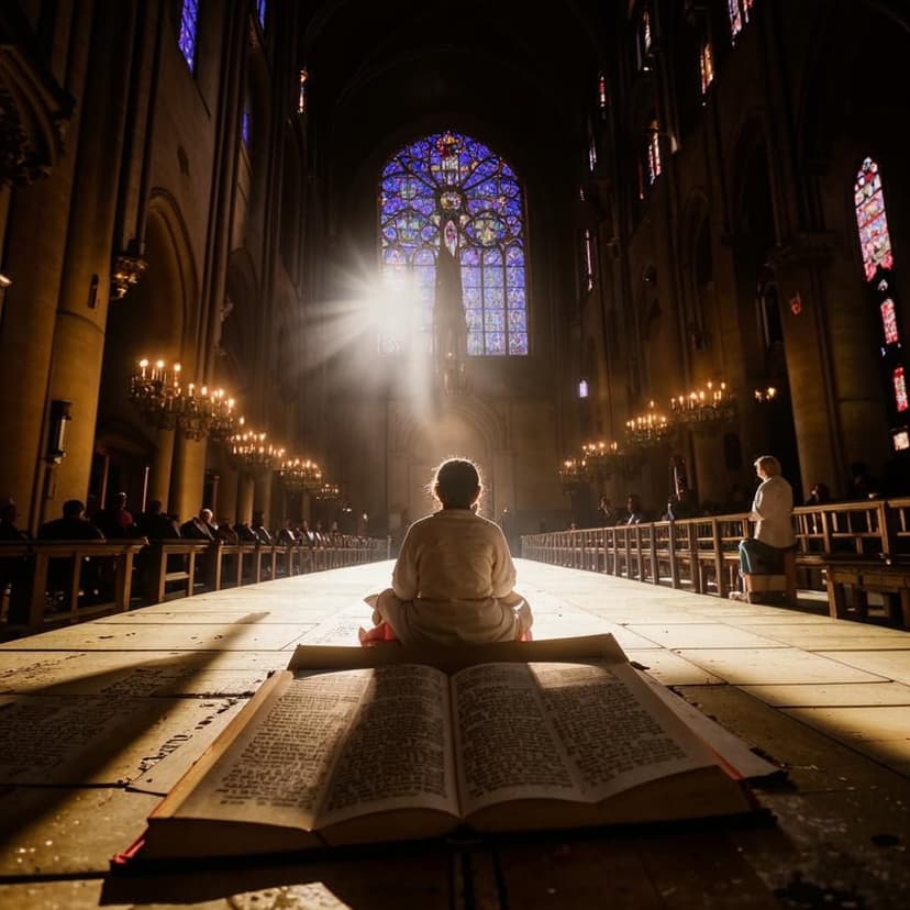 First-person perspective of attending a medieval mass inside Notre Dame de Paris. Your hands clutch a small