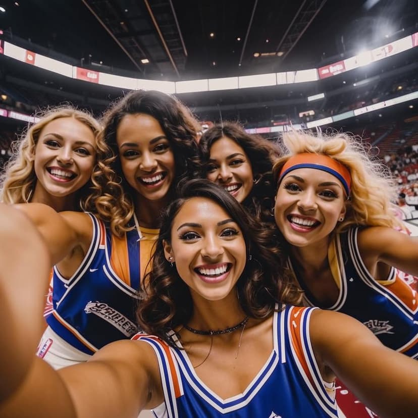 Selfie of cheerleaders in a NBA stadium