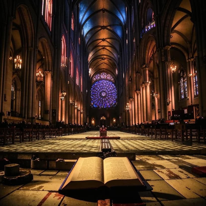First-person perspective of attending a medieval mass inside Notre Dame de Paris. Your hands clutch a small
