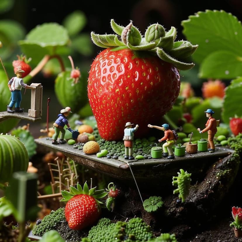A team of miniature gardeners is tending to a massive strawberry as if it were a farm. Some are trimming leaves with tiny shears