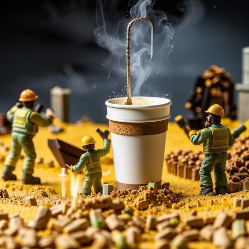 A cinematic macro shot of a tall white paper cup standing in a miniature pistachio land. Tiny construction workers in yellow safety gear are using industrial torches to lightly toast the foam on top of the cup. The foam is bubbling and caramelizing slightly