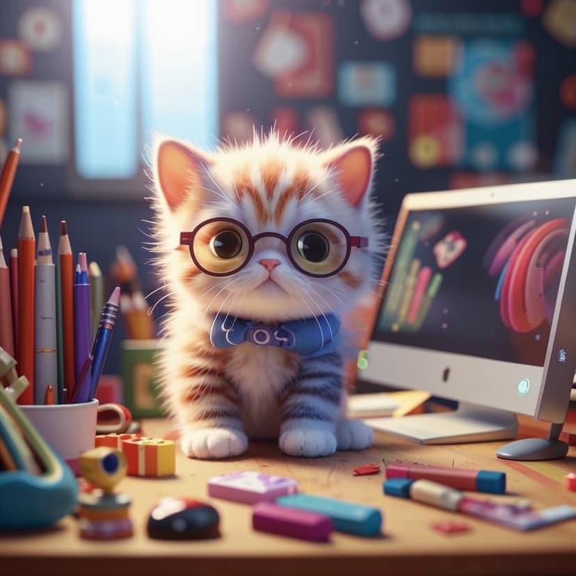A cute soft kitten working as a graphic designer in a studio