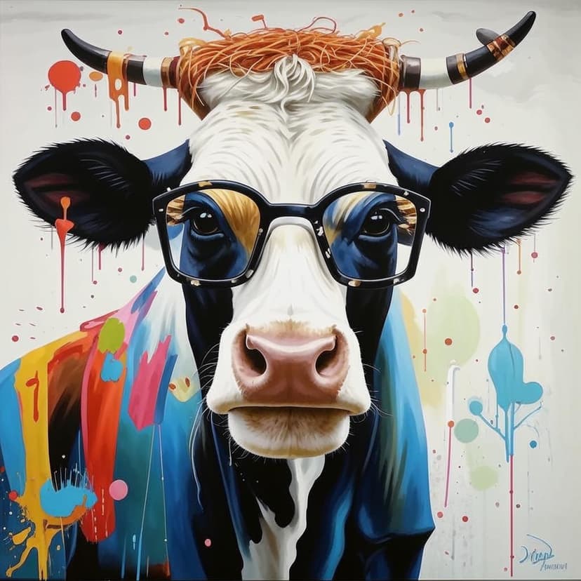 A beautiful painting of an Cow wearing glasses