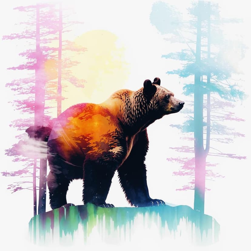 Double exposure of a bear silhouette and a forest with a sunset