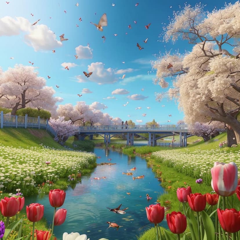 a breathtaking spring landscape on a perfect sunny day. A lush green meadow covered in colorful wildflowers–tulips