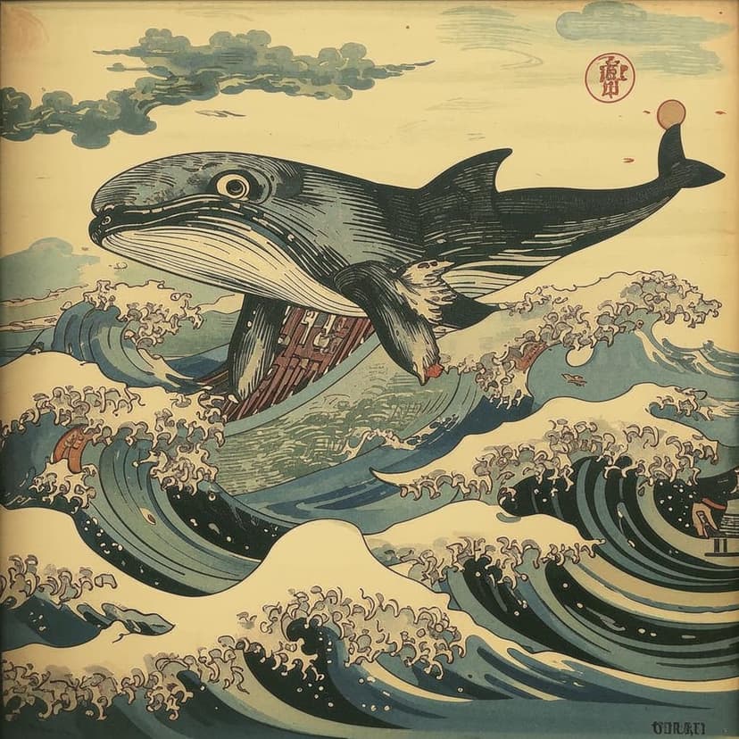 A mythical flying whale illustrated in the traditional Japanese Ukiyo-e style