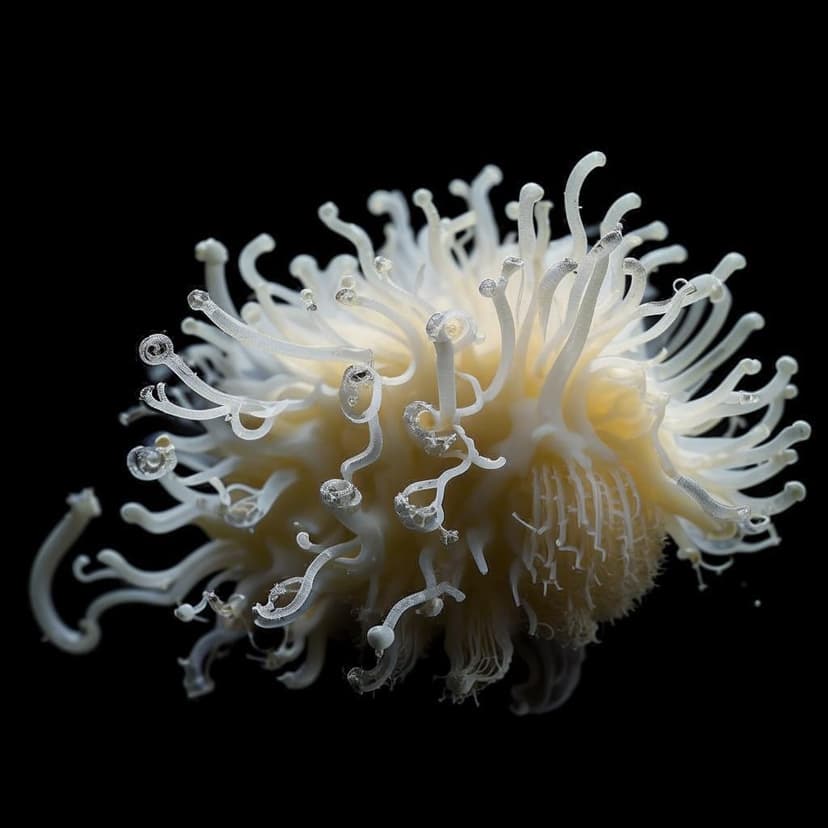 Realistic photo in natural style of a completely white gypsum plankton seen from the side on a black background