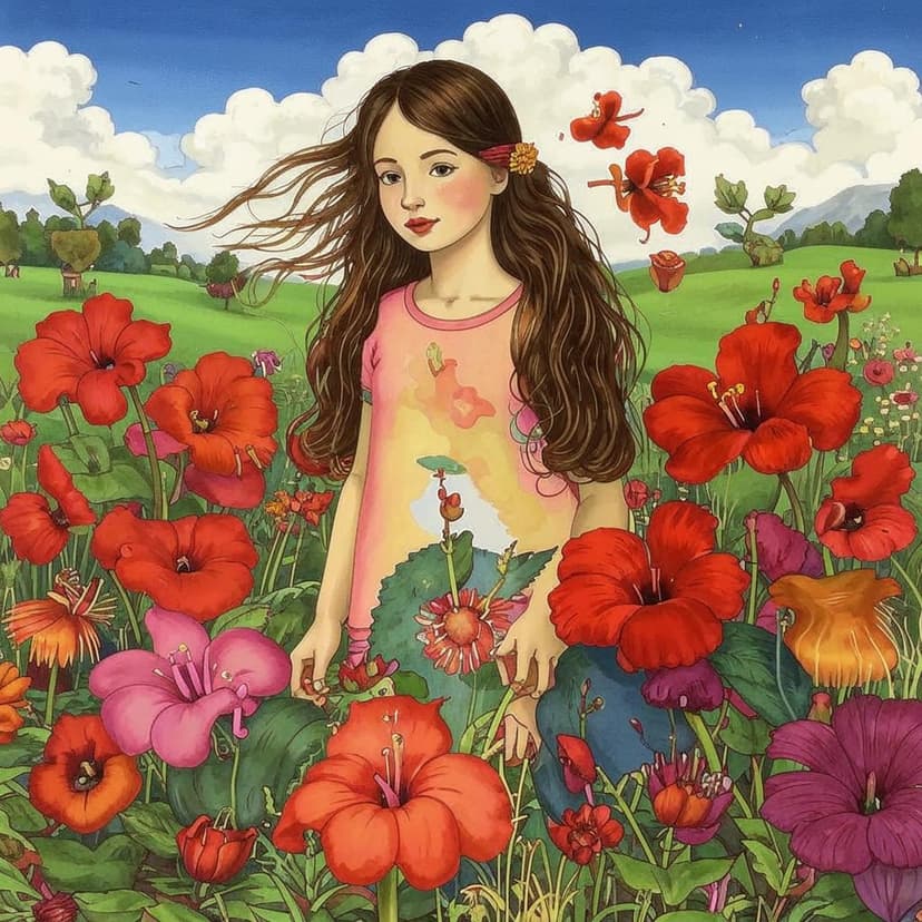a little girl standing in a feild of plumaria flowers