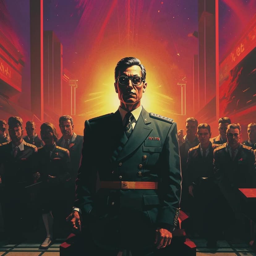 Classical propaganda portrait of an 80s futuristic tyrant leader looking at the camera as followers bow before them