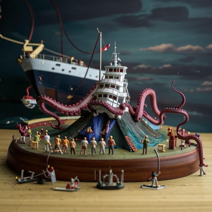 A miniature model scene with a low brown wooden base