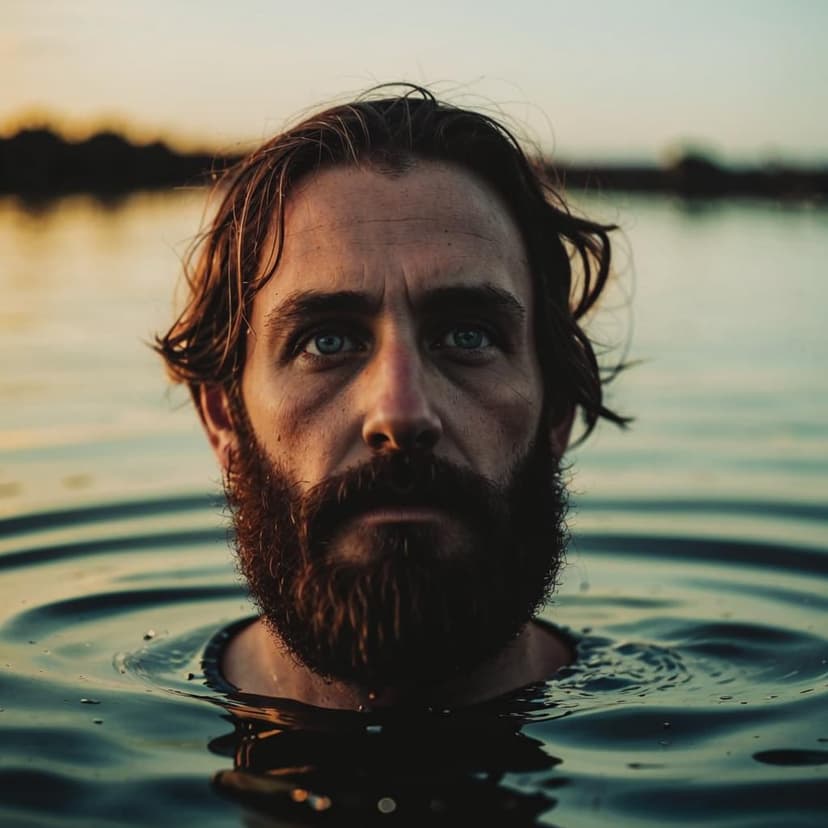 portrait of guy with middlelong dark hair and short beard with his face half above the water surface with horizon in the background