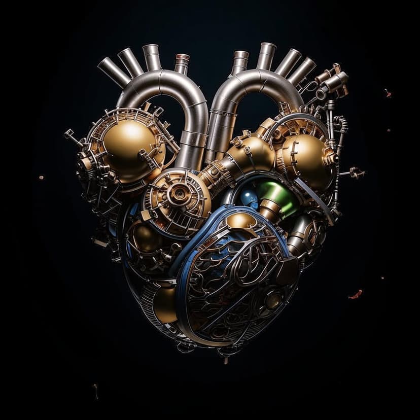 A realistic photograph of an anatomical heart made from spaceship parts