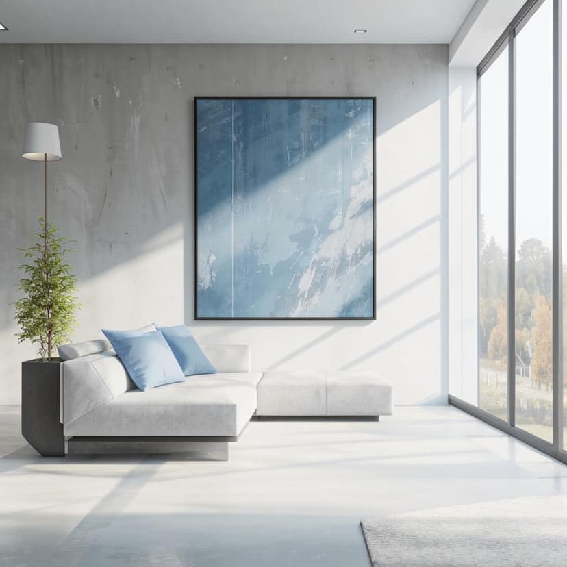 “A modern interior with white cement walls and textured microcement finishes