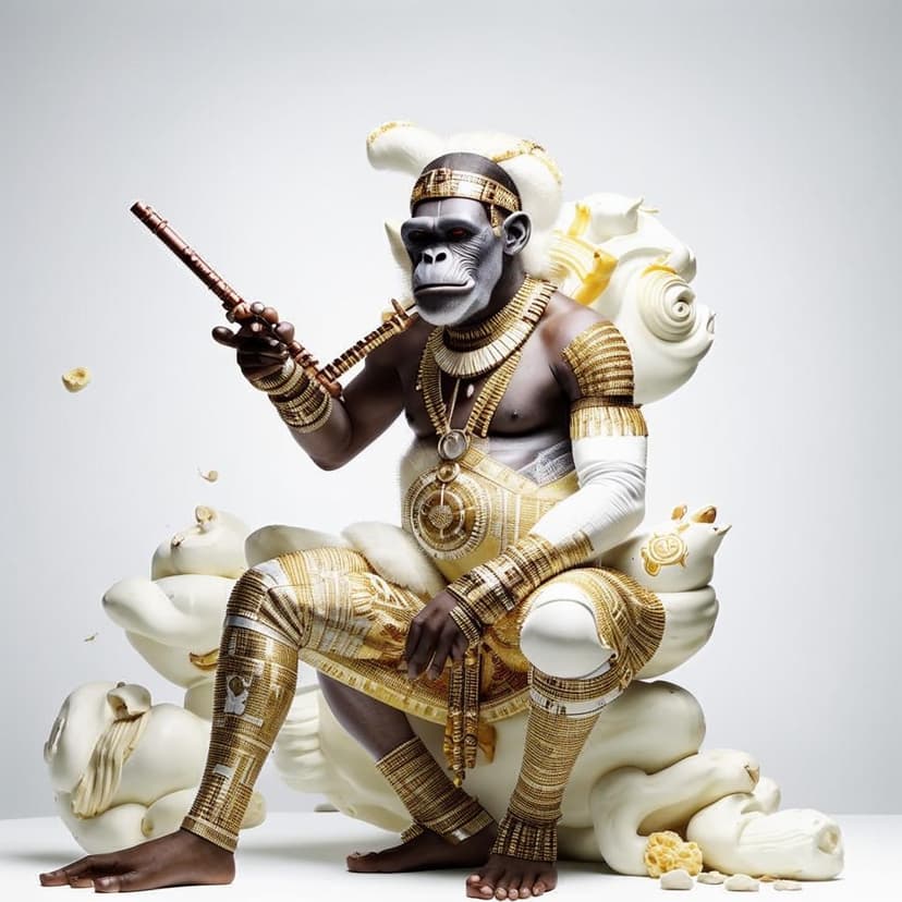 white marble and gold zulu ape warrior with decorated african armor against a solid white colour background
