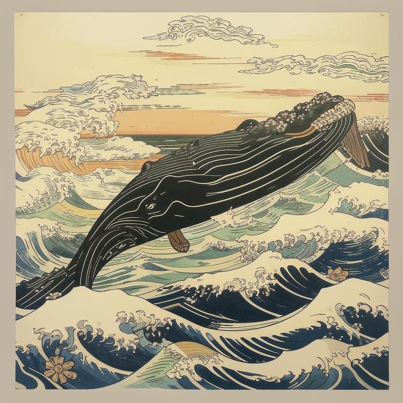 A mythical flying whale illustrated in the traditional Japanese Ukiyo-e style