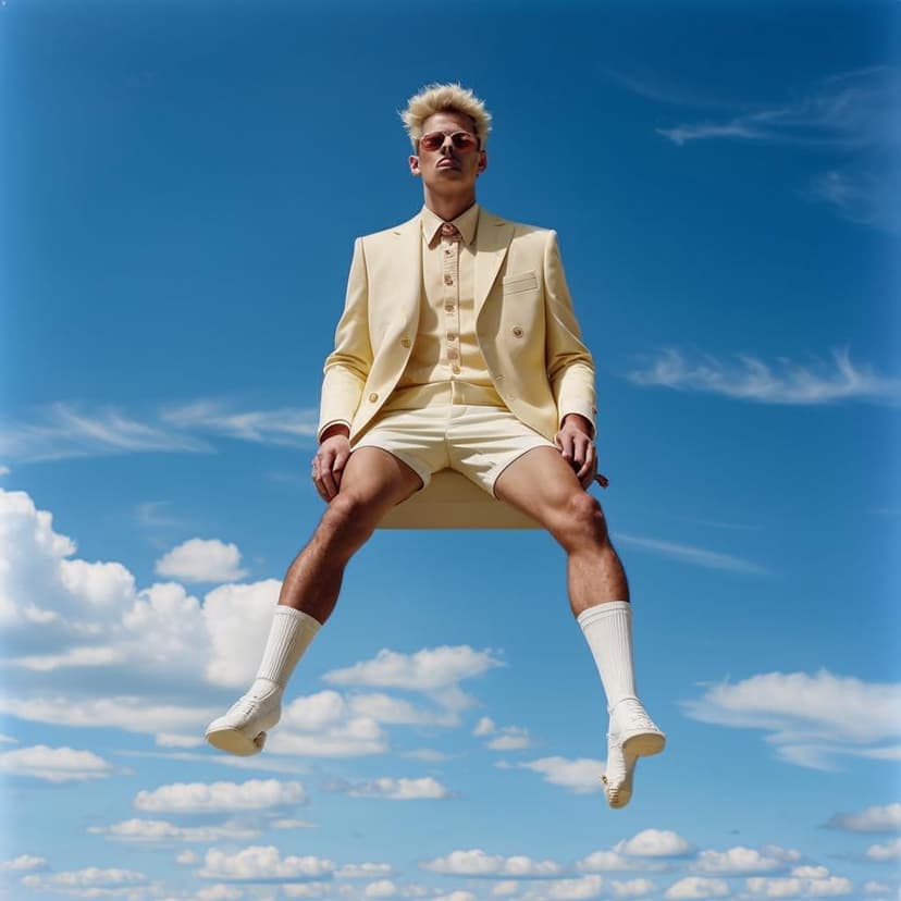 Fashion photography: A man wearing a beige blazer and shorts is floating in the air with white socks on his feet