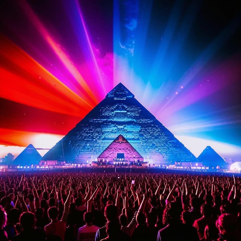 Illustration of a huge music festival at the foot of the pyramids