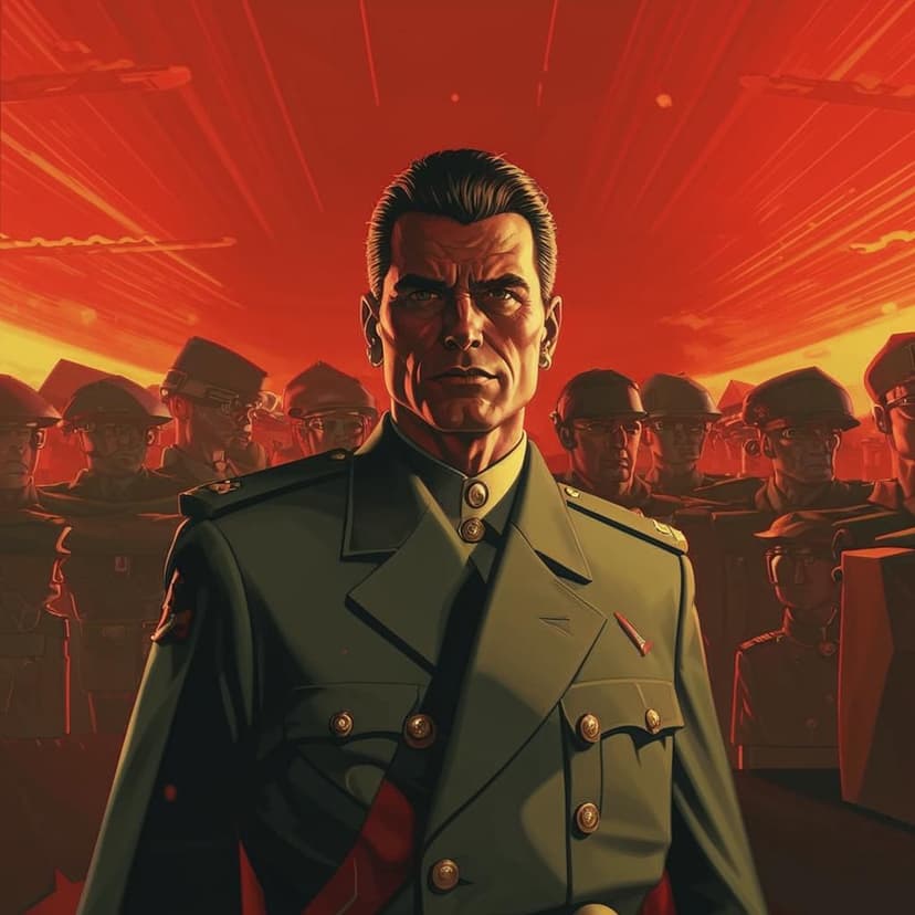 Classical propaganda portrait of an 80s futuristic tyrant leader looking at the camera as followers bow before them