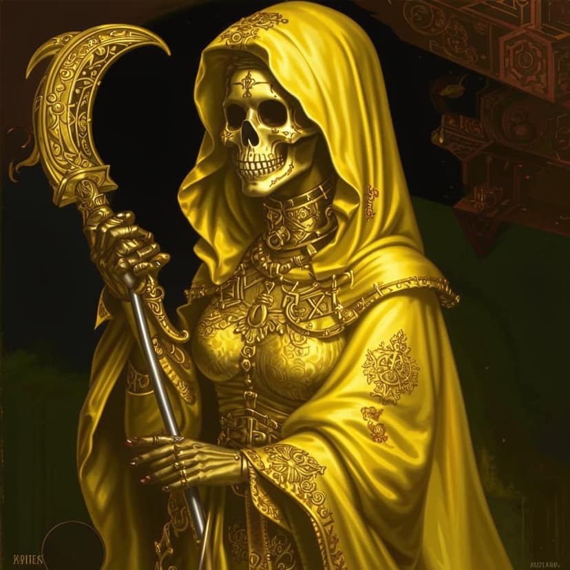Painting of Santa Muerte wearing yellow and gold robes