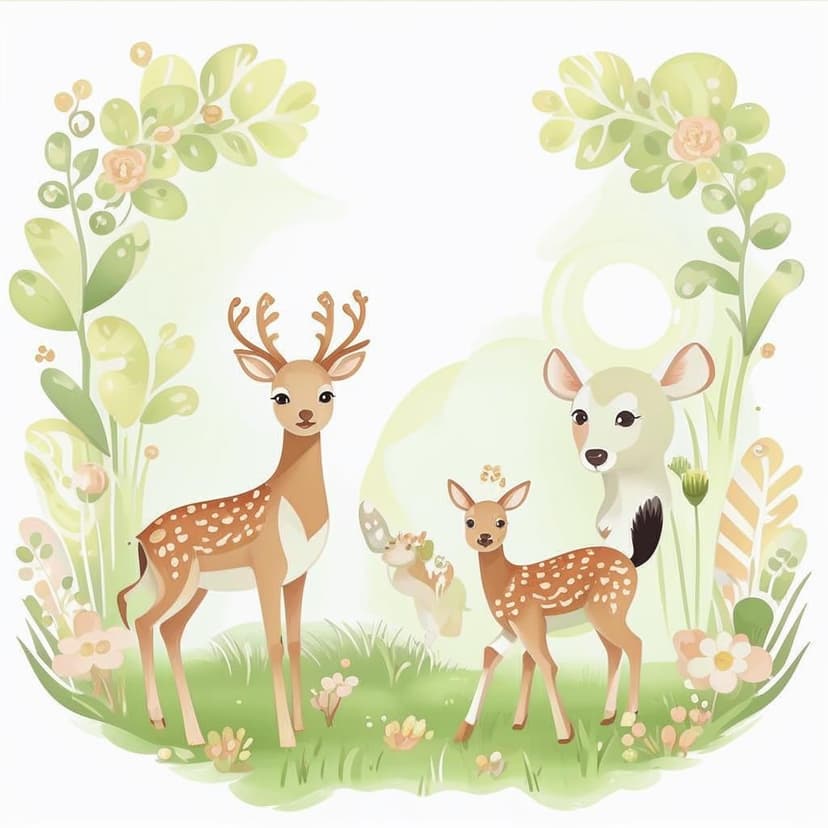 A cute cartoon style with deer and puppies playing on the grass surrounded by light green flowers. The background is white and there is some space around the design. It has soft edges and blurry details