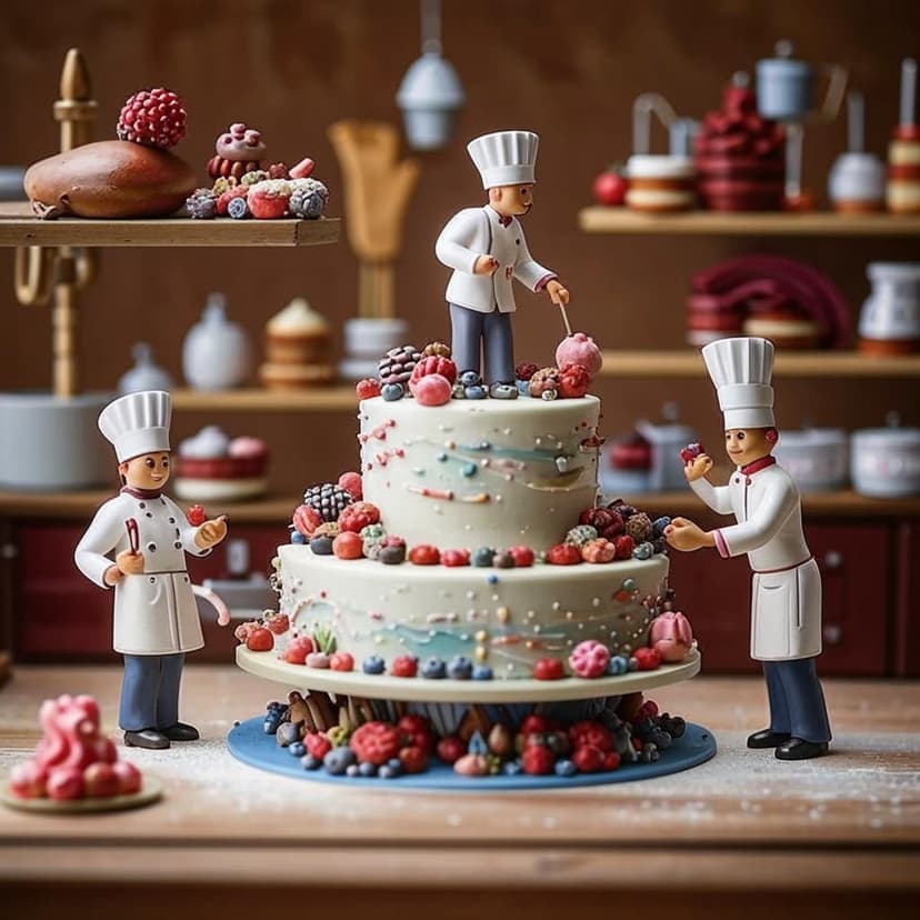 Tiny pastry chefs in classic white uniforms and toques are carefully decorating a massive