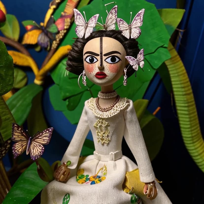 Stop-motion animation handmade puppet of tall slim frida kahlo in a white linen dress with intricate white embroideries