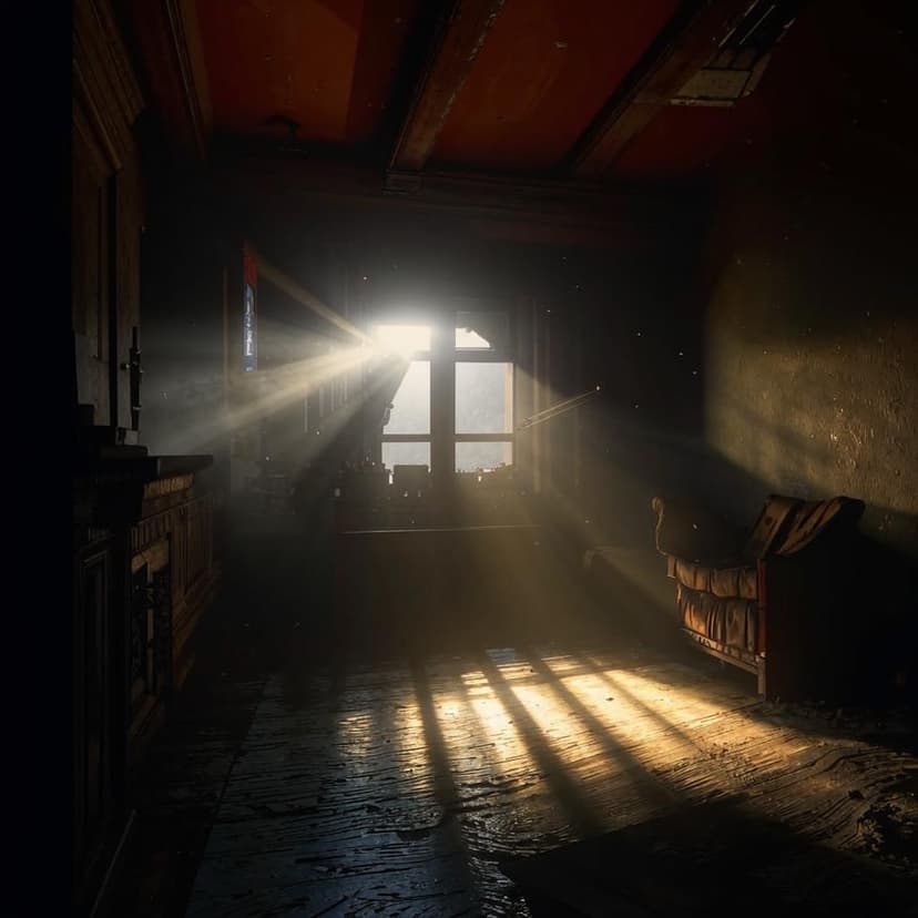 a dark enviroment with a single light source with dust particiles floating in the light – very fine