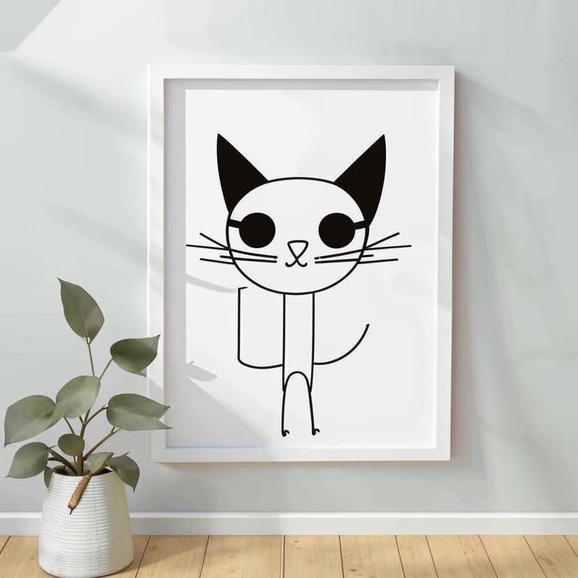 Ultra-minimalist black and white stick figure drawing of a cat