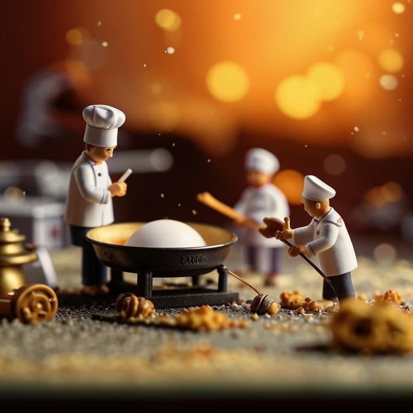 A hyper-realistic miniature scene of tiny chefs cooking an egg in a frying pan on a stovetop. One tiny chef is standing on the handle