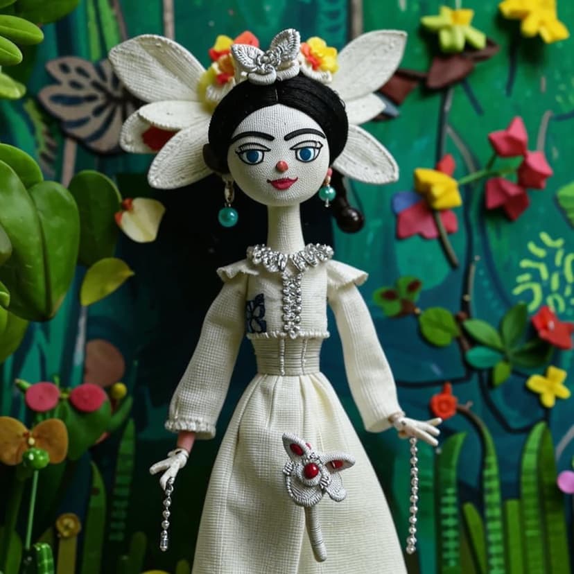 Stop-motion animation handmade puppet of tall slim frida kahlo in a white linen dress with intricate white embroideries