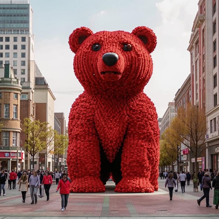 A giant bear made entirely of red heart-shaped balloons stands on the square as a standalone building in an urban environment. The overall atmosphere is magical