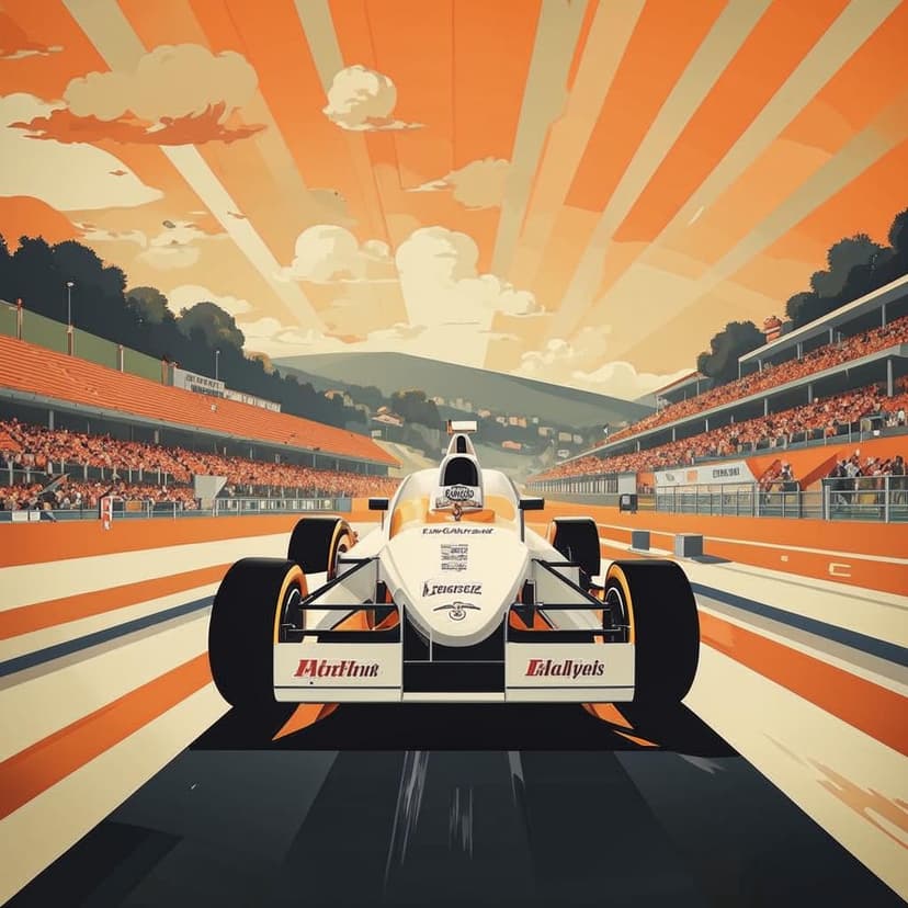 A vintage travel poster of a white formel 1 race car on a orange colored race track