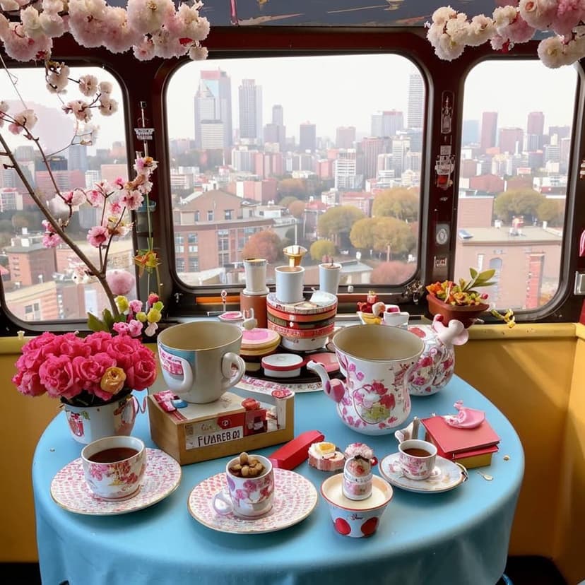 A photograph showcases an enchanting Valentine’s Day afternoon tea setup in a dining car