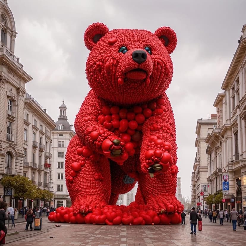 A giant bear made entirely of red heart-shaped balloons stands on the square as a standalone building in an urban environment. The overall atmosphere is magical