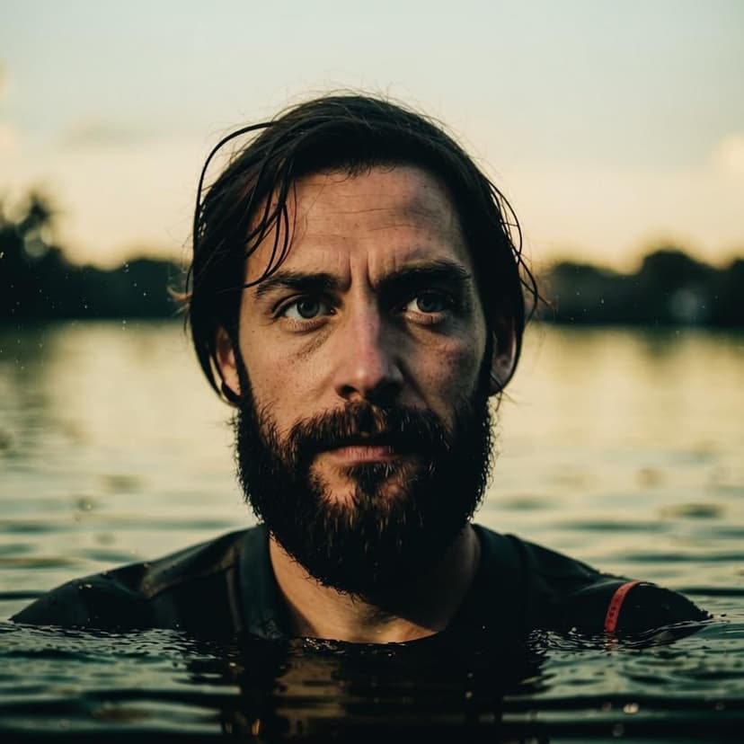 portrait of guy with middlelong dark hair and short beard with his face half above the water surface with horizon in the background