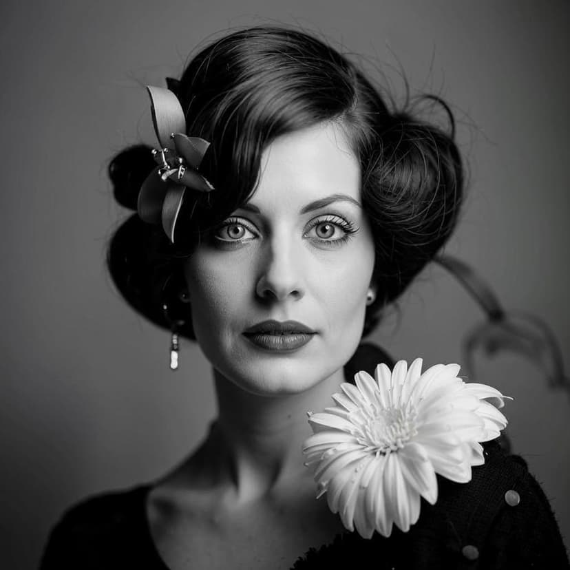 black and white fine photography portraite of a woman from the 60s with a flower