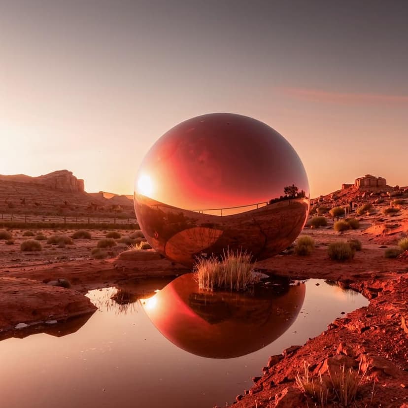“A dreamy landscape with a mirror-like ball suspended in mid-air