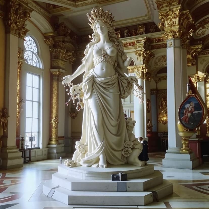 The Greek goddess Ceres sits on an elegant pedestal in the center of the hall