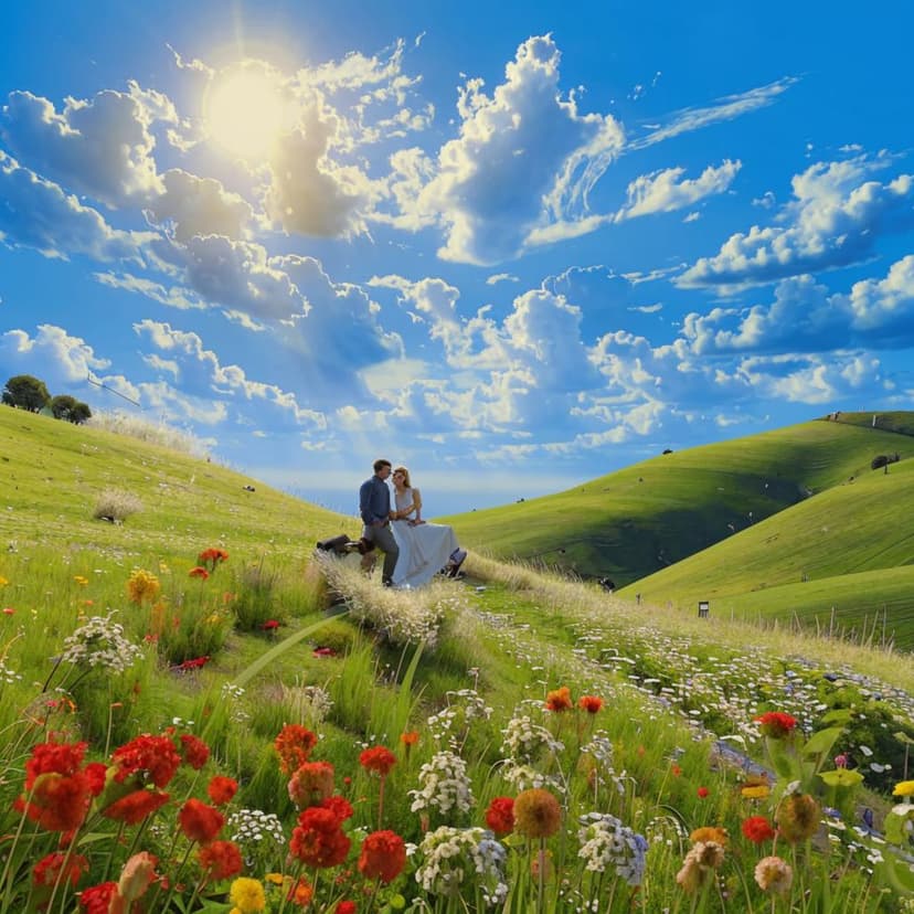 sloping hillside covered with grass and flower