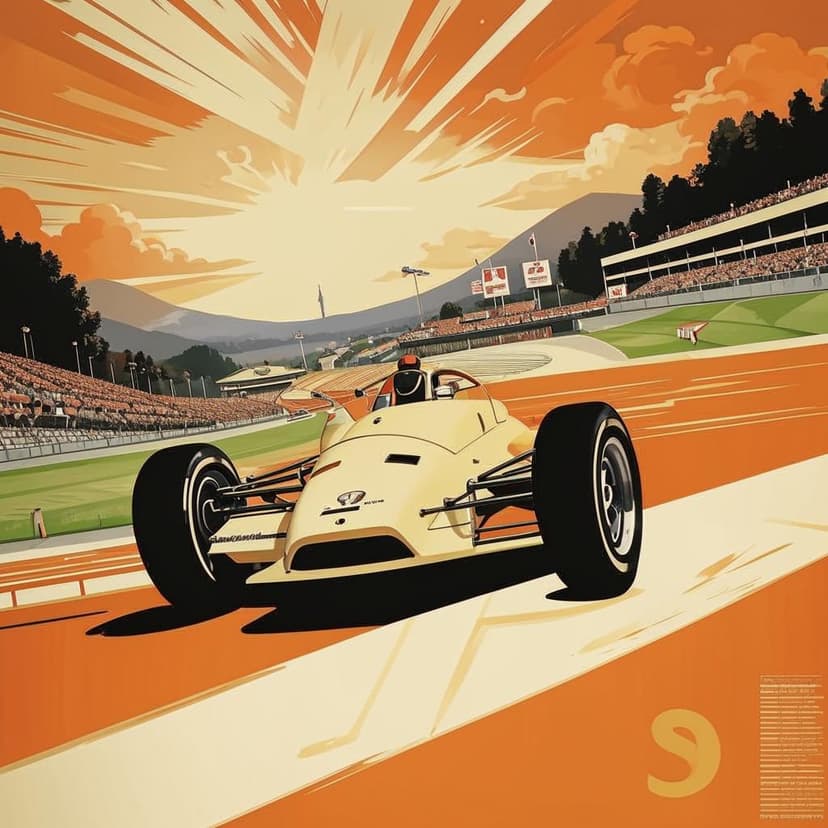 A vintage travel poster of a white formel 1 race car on a orange colored race track